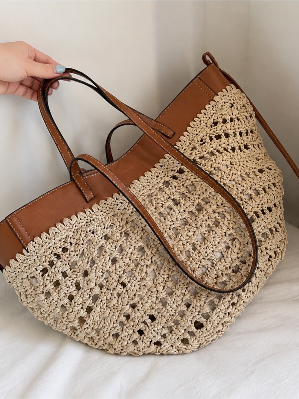 Polene Woven Straw Crossbody Tote with Brown Leather Trim - Picture 2 of 4